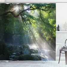 Shower Curtain Forest Sunbeams Through Stream in Jungle 84 Inches Extra Long