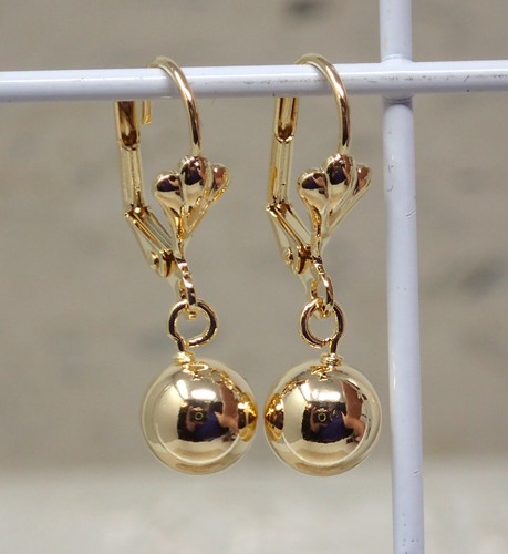 18K Gold Plated Dangling Ball Drop Earrings 8mm - Picture 2 of 6