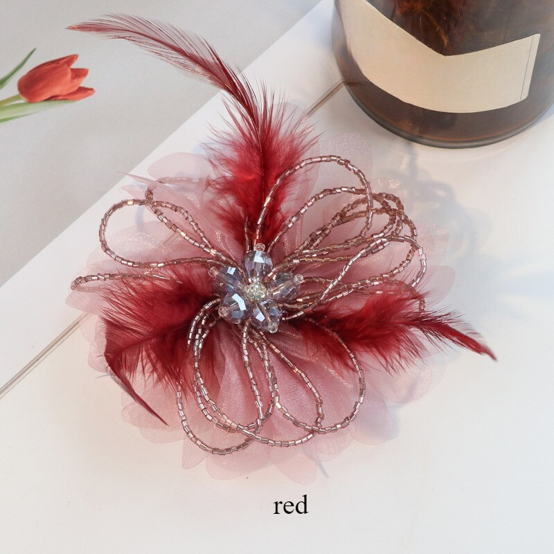2PCS HandmadeOrganza Feather Fairy Applique DIY Mesh Flower Crystal Patch Decors