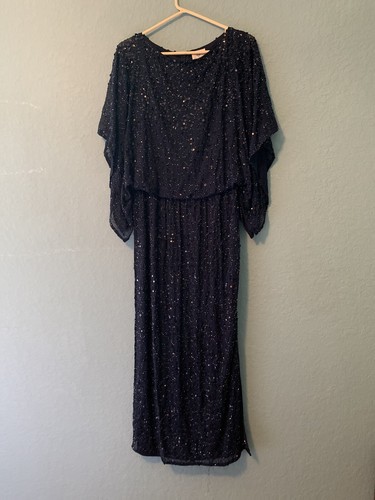Patra Beaded Sequin Gown Floor Length Dress Blue Size 6 Drap Sleeves - Picture 3 of 11
