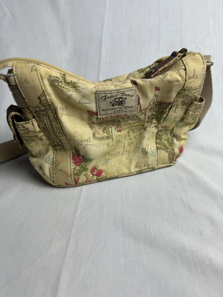 FOSSIL Crosbody Bag Purse Khaki Tan Brown, Adjustable Strap Canvas Cotton - Image 2 of 4