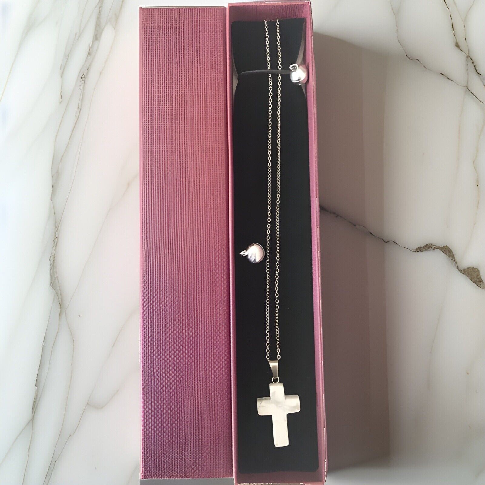 New  16 Inch White Healing Cross Marble Silver Plated Chain Necklace US Seller.