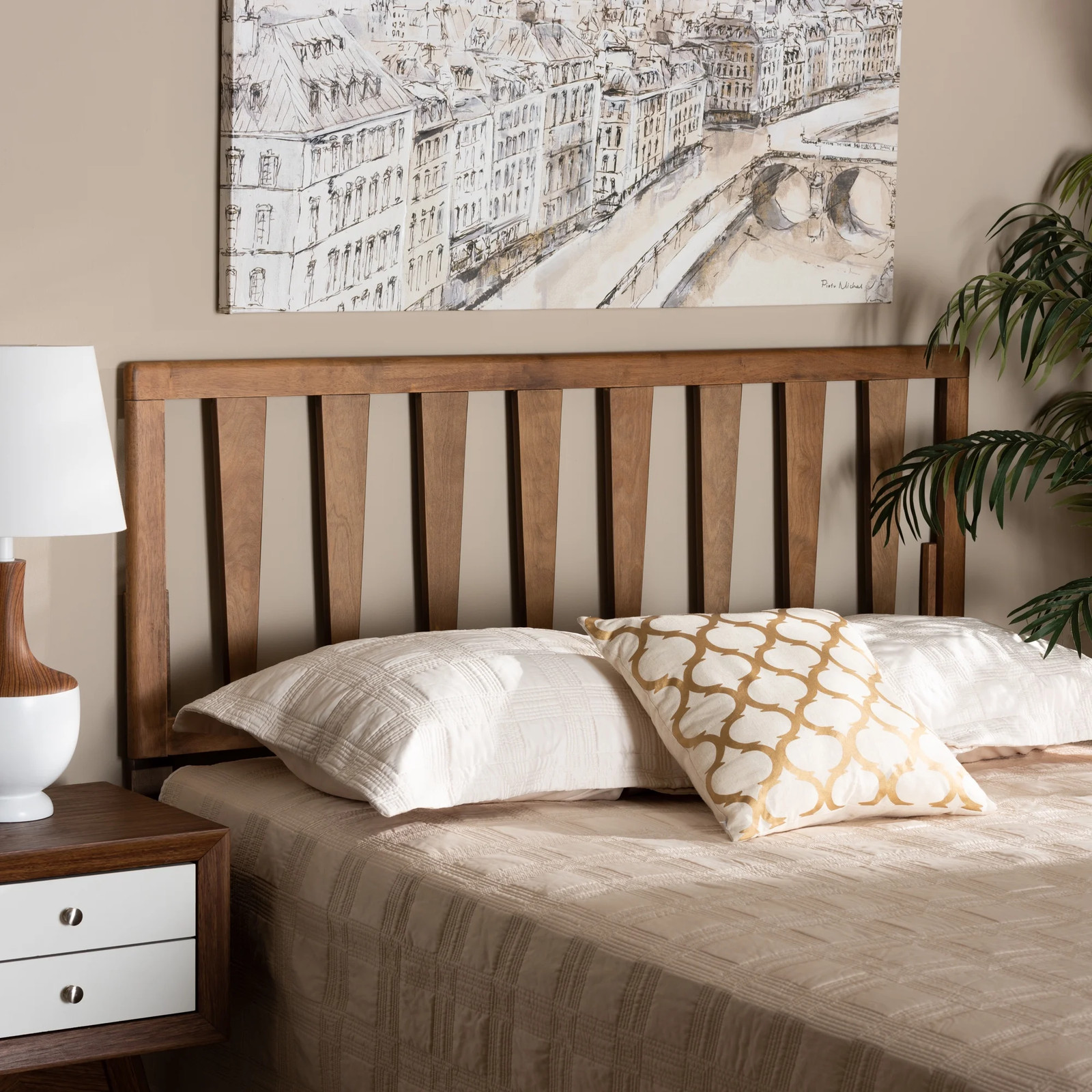 King Size Modern Slatted Wood Headboard Adjustable Height Ash Walnut Finish