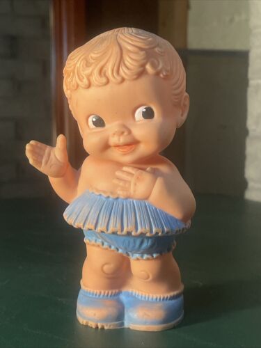 Vintage 6" Toy Doll Sun Rubber Co Girl Blue Dress Hand Gesture Baby Squeeze Fun - Picture 1 of 5