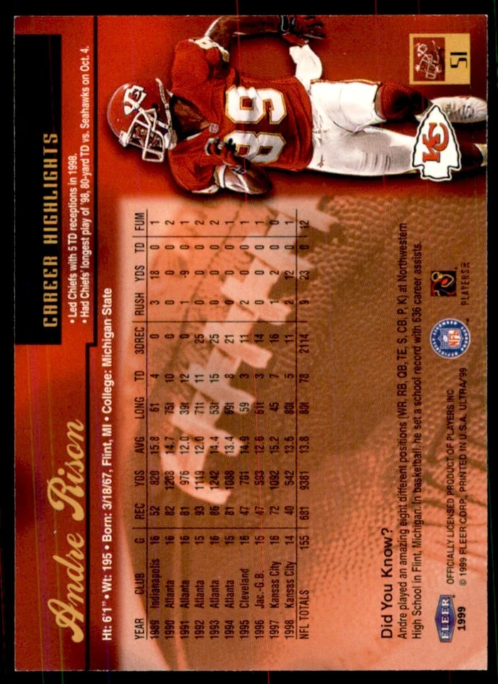1999 Fleer Ultra Andre Rison Kansas City Chiefs #51 - Image 2 of 2