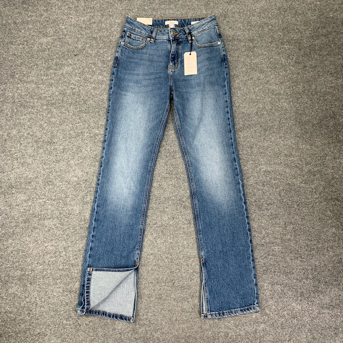 Pantalones de mezclilla Forever 21 para mujer 25 azules rectos tiro alto elásticos abertura al tobillo cremallera mosca