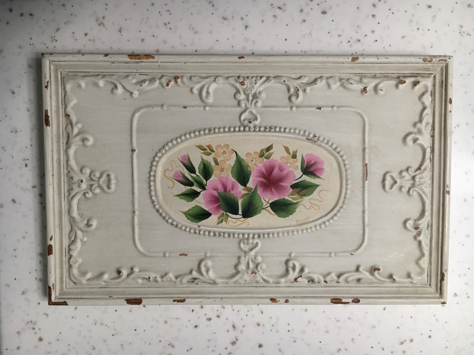 REDUCED AGAIN! Hand Painted Shabby Chic Wall Decoration Pink Roses eBay