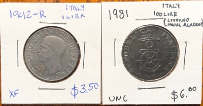 Italy Coin Lot: 1942-R - 1 Lira & 1981 - 100 Lire (Livorno Naval Academy)