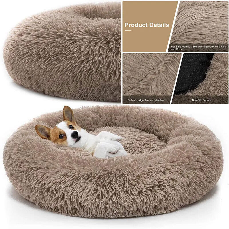 Washable Dog Bed Donut Soft Round Plush Cat Beds For Calming Pet Anti Anxiety UK eBay