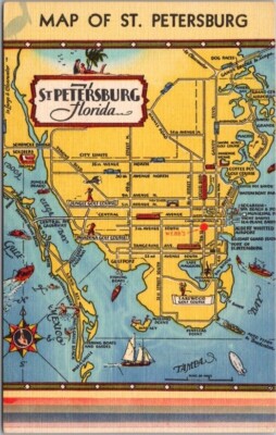 ST. PETERSBURG, Florida Map Postcard Road Map / Eastern Linen c1950s Unused