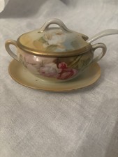 Vintage RS Germany porcelain condiment pot with spoon and saucer. Gilded Edge.