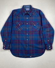 Vtg Pendleton High Grade Western Wear Shirt Mens L Blue Plaid Pearl Snap Holes 
