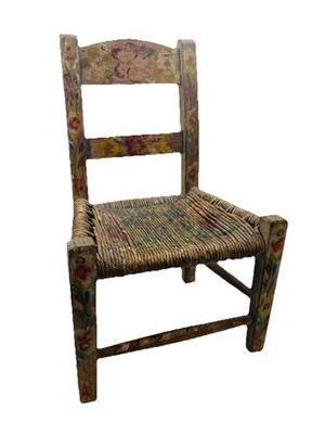 Vintage Mexican Wooden Child's Chair Hand Painted Folk Art Pegs Rush Straw Seat