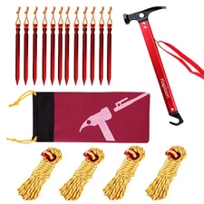 Camping Accessories Kit Aluminum Tent Mallet Stake Hammer Pegs Guyline Rope Set