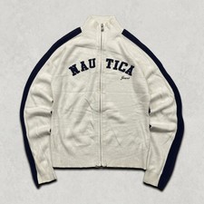Nautica Cardigan Womens Small Y2K Jeans Full Zip Knit Taped Sweater, White
