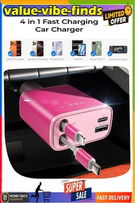 LISEN 84W Retractable USB-C Car Charger Fast Charging Adapter for iPhone 13to17