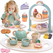 Wooden Tea Party Set for Little Girls 28 Pcs Toddler Tea Set with Cupcake Sta...