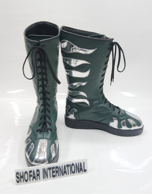 Men's Handmade Wrestling Boots Green & Silver Flame Design Lace-Up Leather Boots