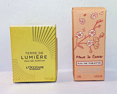 Lot of 2 L'occitane Mini perfume Terre de lumiere 5ml & fleurs de Cerisier 7.5ml