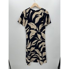 Ann Taylor Women Navy Blue Cream Leafed Midi Dress Size 2 Flare Office Career