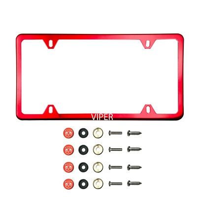 Fit Dodge Vipe Laser Etching Stainless Steel Red Slim License Frame w/Metal Cap