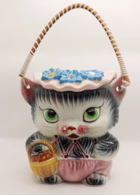 Miss Kitty Cat Ceramic Cookie Lolly Biscuit Jar Lid Cane Handle Japan Vintage - image 1 of 4