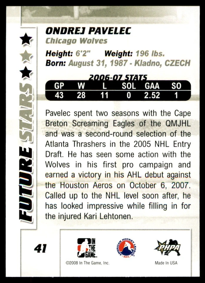 2007-08 In The Game Between the Pipes Ondrej Pavelec #41 - Image 2 of 2
