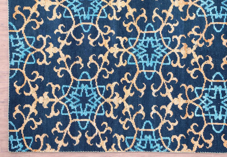 Alfombras y alfombras de lana de diseño moderno anudadas a mano azul damasco de 5'7"x7'10" pies Foto 3 de 4