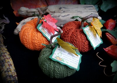 Strickkürbisse mit Samhain Segen Kräuter Gewürzduft Halloween Herbst Hexe