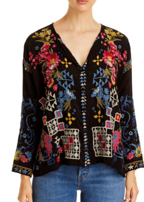 BNWT Johnny Was SYBIL BOHO EMBROIDERY LONG SLEEVE V-NECK BLOUSE BLACK L $285