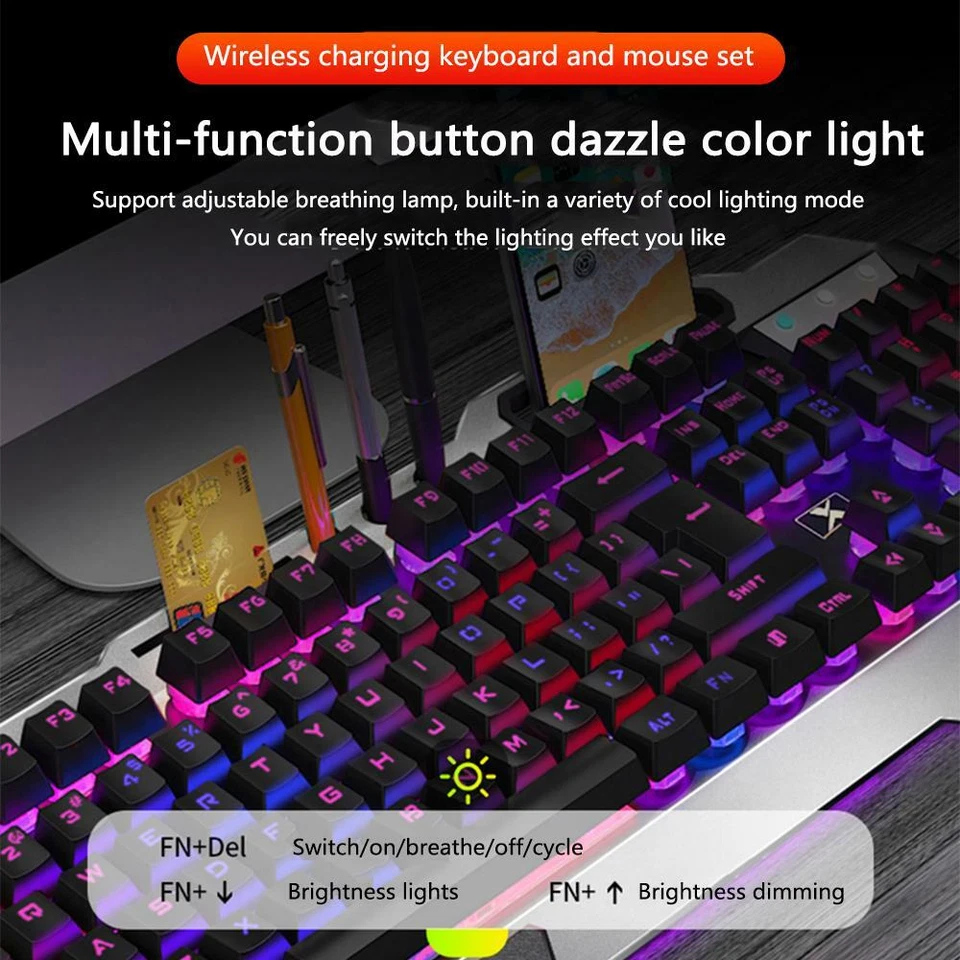 Wireless Gaming Keyboard and Mouse Mechanical Feel Rainbow Backlit - Image 3 of 4