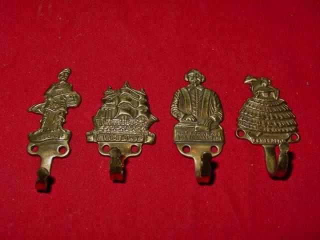 (4) VTG Brass Key Hooks Holders ROB-ROY, ESMERALDA, SHAKESPEARE & "VICTORY" Ship