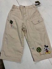 Disney Store Baby Boy Lined Tan Pants W/ Embroidered Mickey & Kite 24 Mos