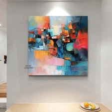 Blue City Hand-Painted Oil Painting on Canvas Modern wall Art Abstract Home 24in