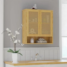 Wall Storage Cabinet Rattan Cabinet w/ Adjustable Shelf Bathroom Storage Cabinet