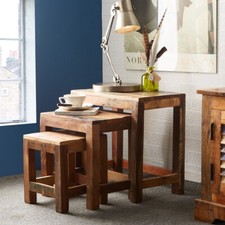 Modern Solid Reclaimed Boat Wood Nests of 3 Tables for Living Room Furniture