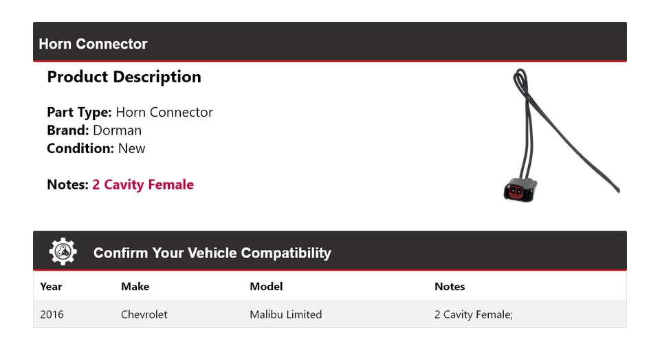 Conector de bocina Dorman Limited 2016 para Chevrolet Malibu Foto 2 de 4