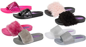 Kids Fur Jewel Sliders Fluffy Mules 