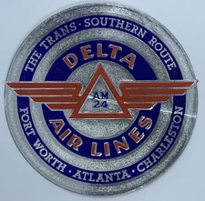 RARE DELTA AIR LINES TRANS-SOUTHERN ROUTE TX GA NC ROUND DECAL ADHESIVE LABEL