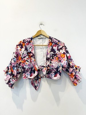 Designer Tata Naka Size 10 Floral Tie Front Cropped Women's Top