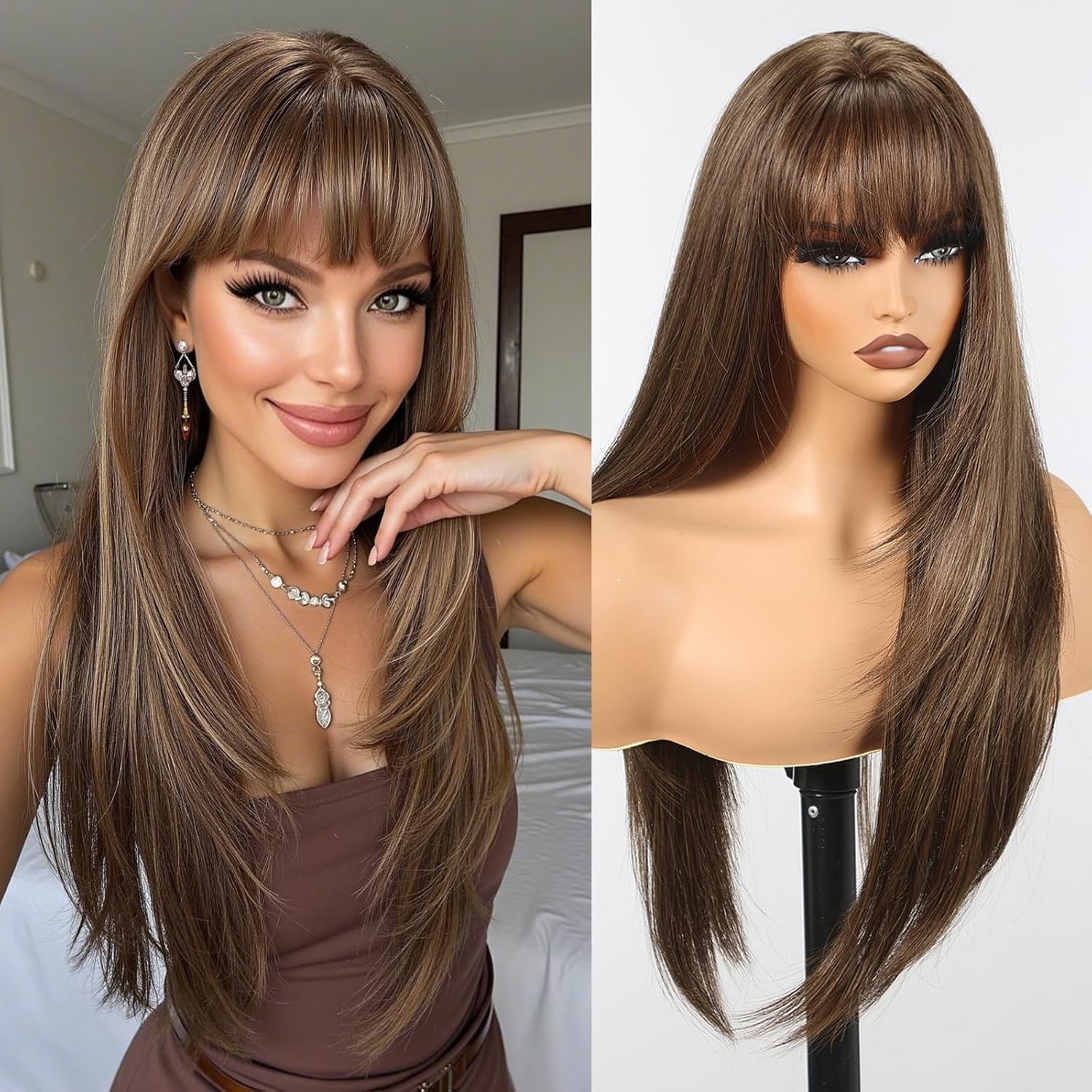 Peluca de disfraz Long Straight resistente al calor marrón mixto With Bangs