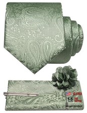 Mens Paisley Tie and Lapel Pin Necktie Pocket Square and Tie Clip Sage Green