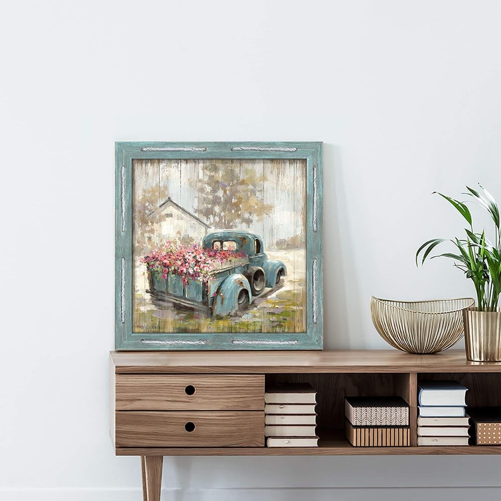 Farm Truck Wall Art Framed: Rustic Farmhouse Picture Country Scene Wood Paint...