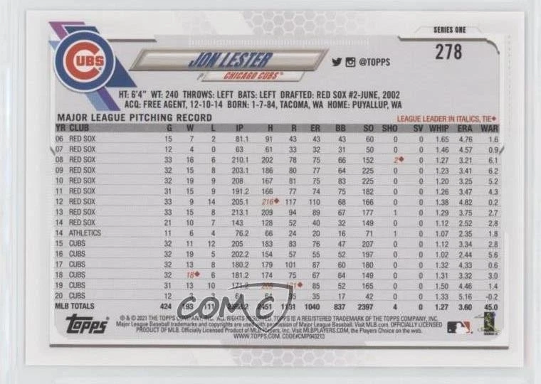2021 Topps Wal-Mart Orange Stars Jon Lester #278 - Image 2 of 2