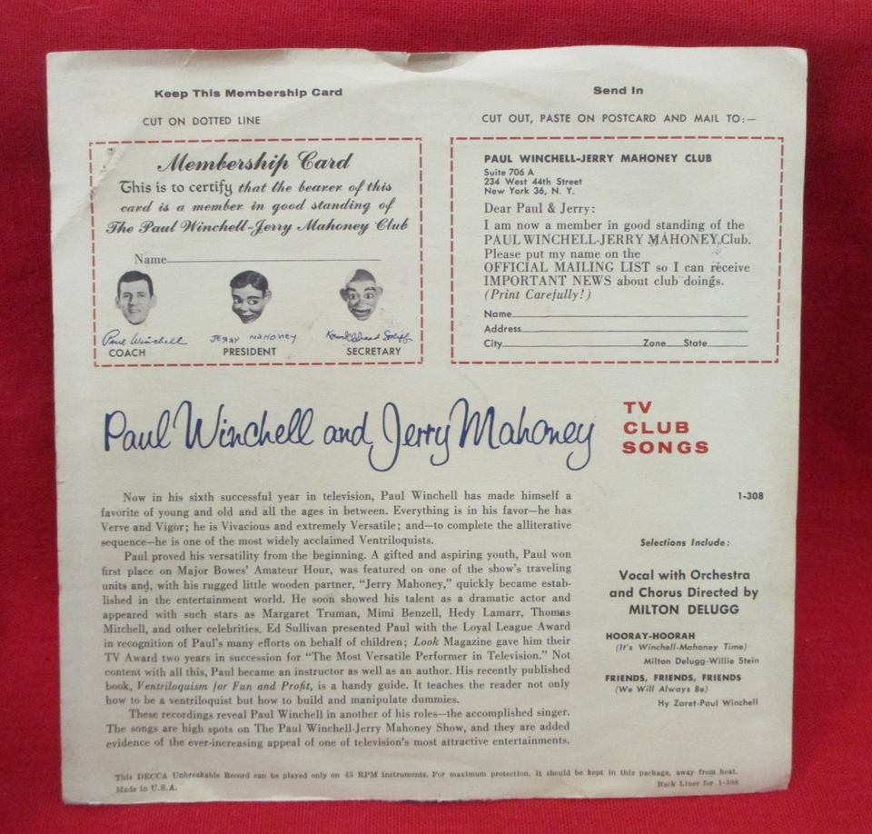 PAUL WINCHELL & JERRY MAHONEY 45 rpm w/PS Decca 9-88203 TV PUPPET POP ...