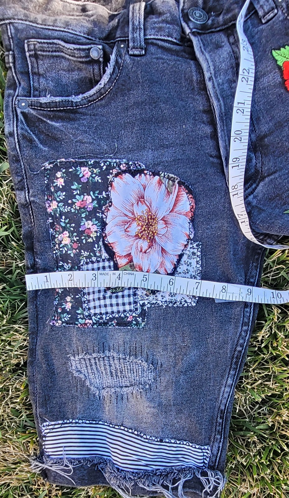 Black Upcycled Patchwork Denim Button Fly shorts-… - image 17