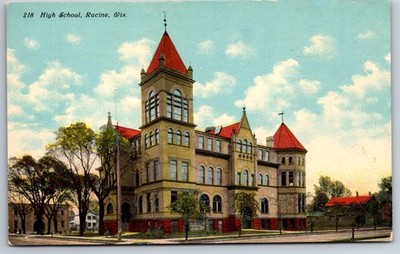 Racine Wisconsin~High School Building & Main Street~c1910 Postcard