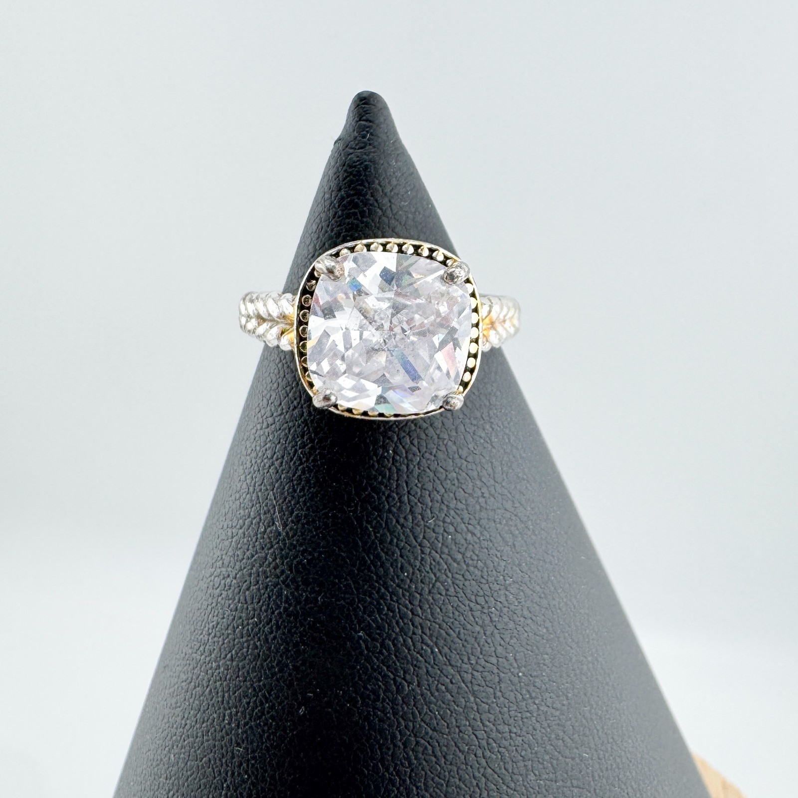 Statement Clear Cushion-Cut Rhinestone Ring Silve… - image 1