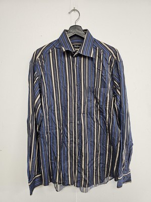 Neiman Marcus Shirt Mens Large Blue Beige Stripe Made In Italy Cotton Dress