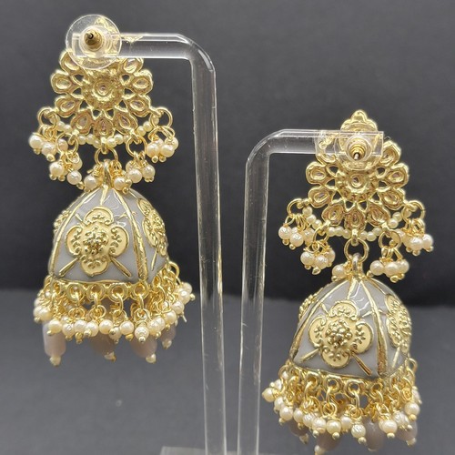 Gold Plated Kundan Jhumka Monalisa CZ Stones Indian Bollywood Flower Earrings - Picture 6 of 15